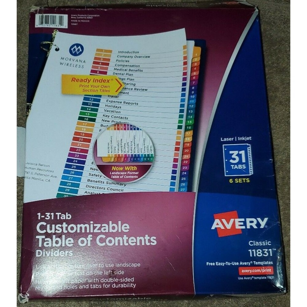 Avery 11831 Classic 1-31 Customizable Table of Contents Dividers 31 Tabs 6 Sets